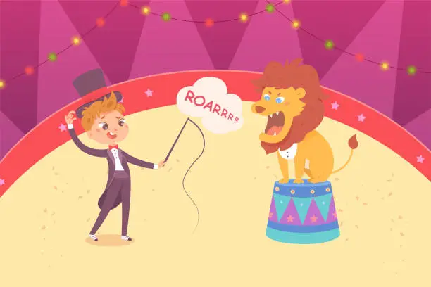 Vector illustration of Circus performance with lion and trainer vector illustration. Cartoon isolated angry lion sitting on arena podium and roaring, cute tamer boy in vintage dress holding whip to train circus animal