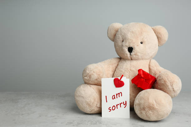 istock Apology. Cute teddy bear with gift box and I Am Sorry card on grey textured table, space for text 1700969131