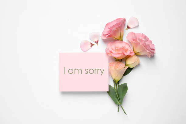 istock Pink card with phrase I Am Sorry and Eustoma flowers on white background, flat lay 1700969165