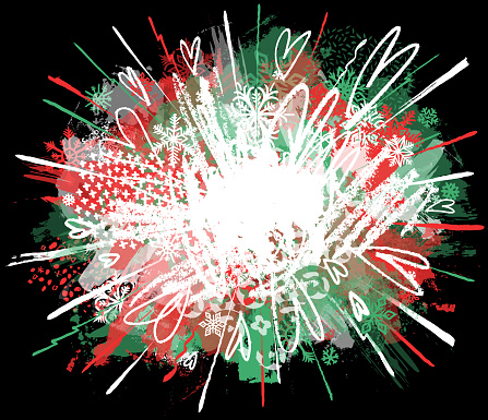 Rough red and green Christmas love hearts grunge crayon and brush strokes layered pattern design montage on black background vector illustration for use on Christmas cards and wrapping paper designs.