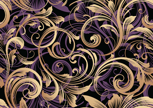 Dark purple and gold ornate seamless floral motif vector pattern wallpaper vector illustration background for use on wedding, anniversary, birthday celebration invitations etc