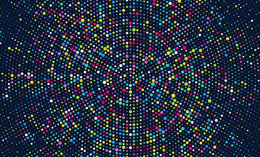 Rainbow colored half tone vector dots textured radial gradient pattern social network on black background