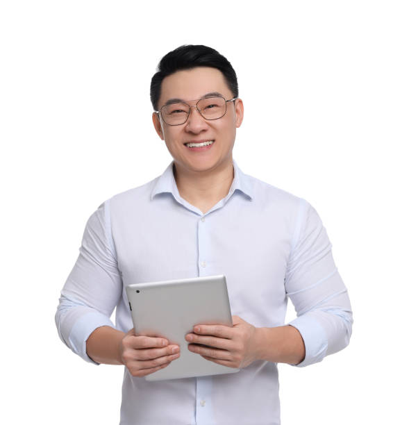 istock Businessman in formal clothes with tablet on white background 1700976712