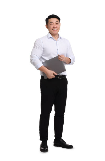 istock Businessman in formal clothes with laptop on white background 1700976719
