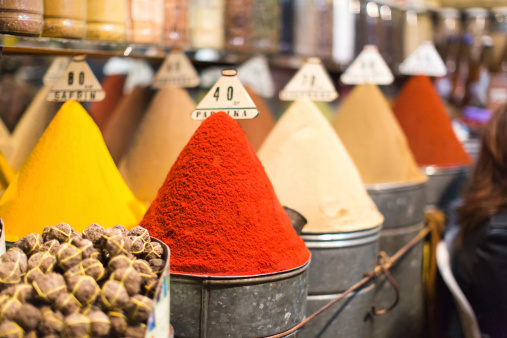 Spices layed out for sale at a souk in Marrakech.