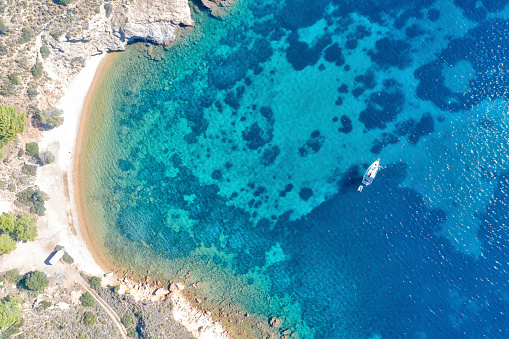 shot from above on a remote and wild Greek beach. photo taken with drone