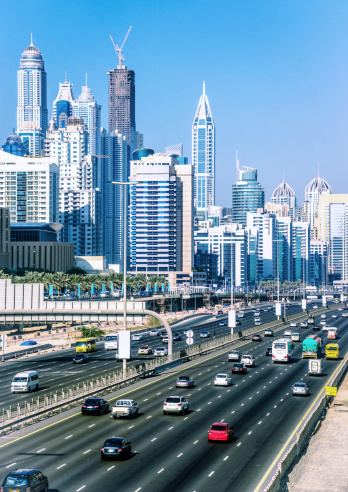 Traffic on the Sheikh Zayed Road into Dubai passing Dubai Internet City area.