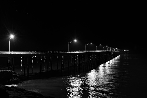 9/25/2023. Avila Beach CA. Built in 1984 by Unocal Corp., the3000 foot pier now operates as a marine research facility. The pier began conversion from industrial use to research when Unocal donated it to Cal Poly University in 2001.