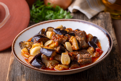 Traditional Turkish cuisine; Meaty Eggplant Dish. Turkish name; patlican guvec or patlican tava