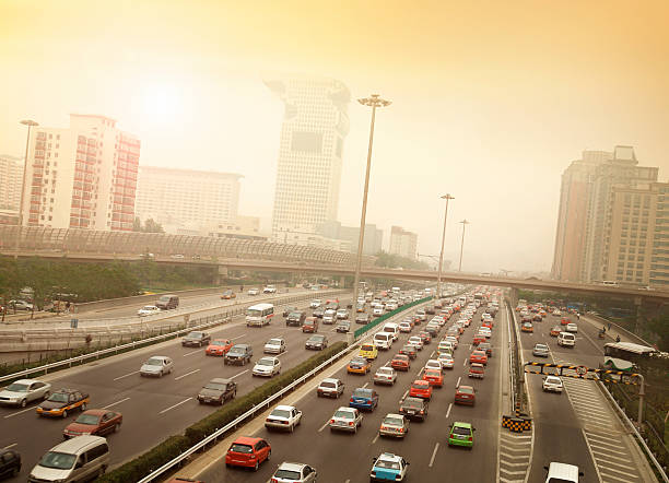 스모그, 교통 체증 베이징 - beijing air pollution china smog 뉴스 사진 이미지