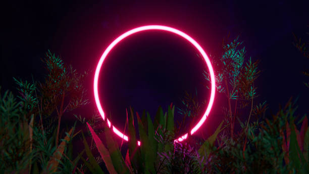 istock Amid tropical plants, a red neon circle. Retrowave 3D abstraction, merging nature and tech 1701007127