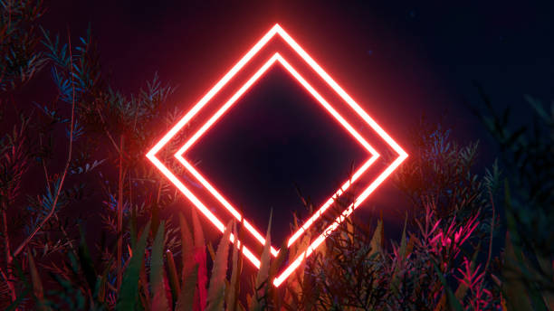 istock Among lush jungle, a red neon square. 3D illustration blends nature and tech 1701007633