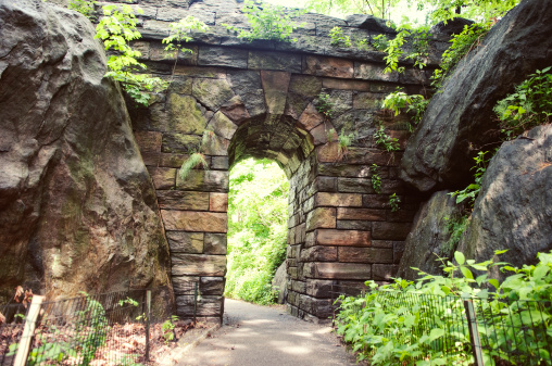 Ramble Stone Arch in Central Park located on the West Side of New York City. The arch measures 5 feet across, 13 feet high and 9 foot underpass.