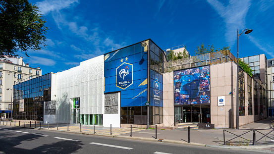 Paris, France - September 25, 2023: Exterior view of the headquarters of the French Football Federation ('Fédération Française de Football' or FFF), the governing body of football in France