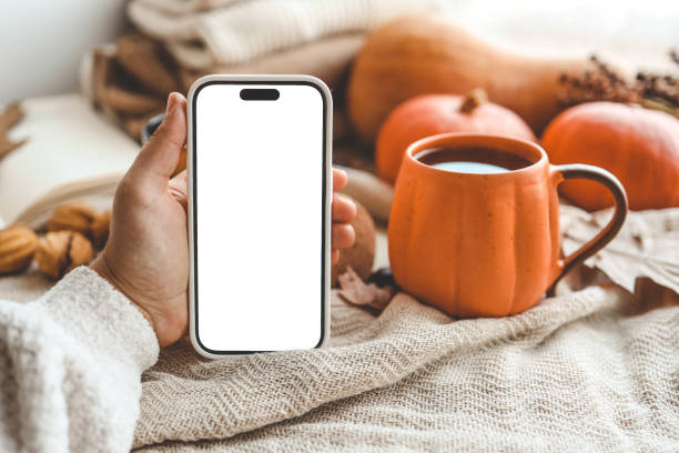istock Phone with an isolated screen in hands, autumn mood 1701017617