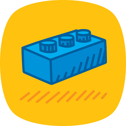 Vector illustration of a hand drawn blue toy brick against a yellow background.