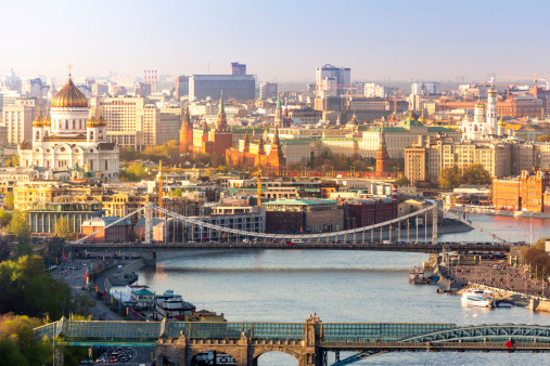 Beautiful view of Moscow in the spring day, Russia. View from the Russian Academy of Sciences headquarters building