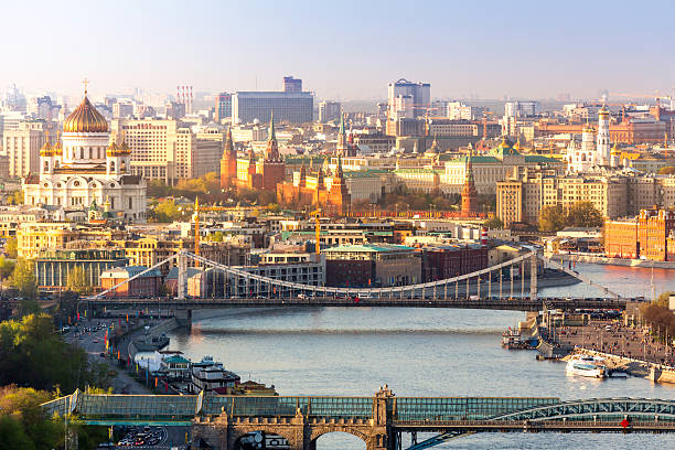 Center of Moscow in sunny day Beautiful view of Moscow in the spring day, Russia. View from the Russian Academy of Sciences headquarters building russia city spring stock pictures, royalty-free photos & images