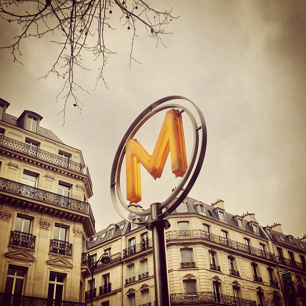 Paris Metro Sign (Mobilestock) Phone cam photograph of the iconic Paris Metro sign in central Paris, France. Taken with an iPhone 5, processed with Instagram. paris metro sign stock pictures, royalty-free photos & images