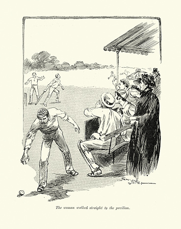 Vintage illustration Crowd watching a game of cricket, Fielder running after ball, batsmen, 1890s, Victorian sports 19th Century.  Scene from The Pro's wife by Tom Cobbleigh