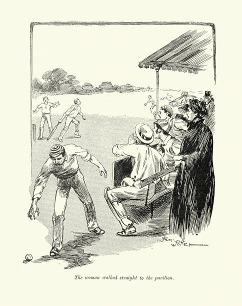 Crowd watching a game of cricket, Fielder running after ball, batsmen, History Victorian sports 19th Century Vintage illustration Crowd watching a game of cricket, Fielder running after ball, batsmen, 1890s, Victorian sports 19th Century.  Scene from The Pro's wife by Tom Cobbleigh cricket team stock illustrations