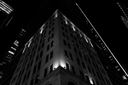 Toronto Financial District in the night . Shooting with a monochrome camera. Authentic photography without the use of artificial intelligence