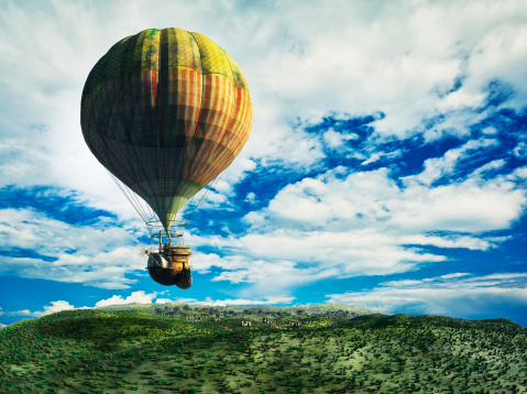 Fantasy landscape with flying steampunk balloon.