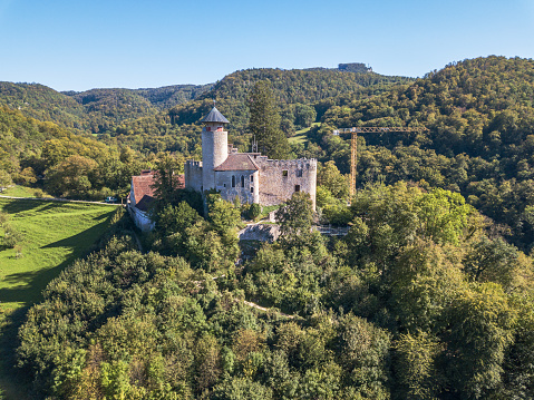 Arlesheim, Switzerland - September 25.2023: Aerial view of the Birseck Castle, Canton Basel-land, Switzerland