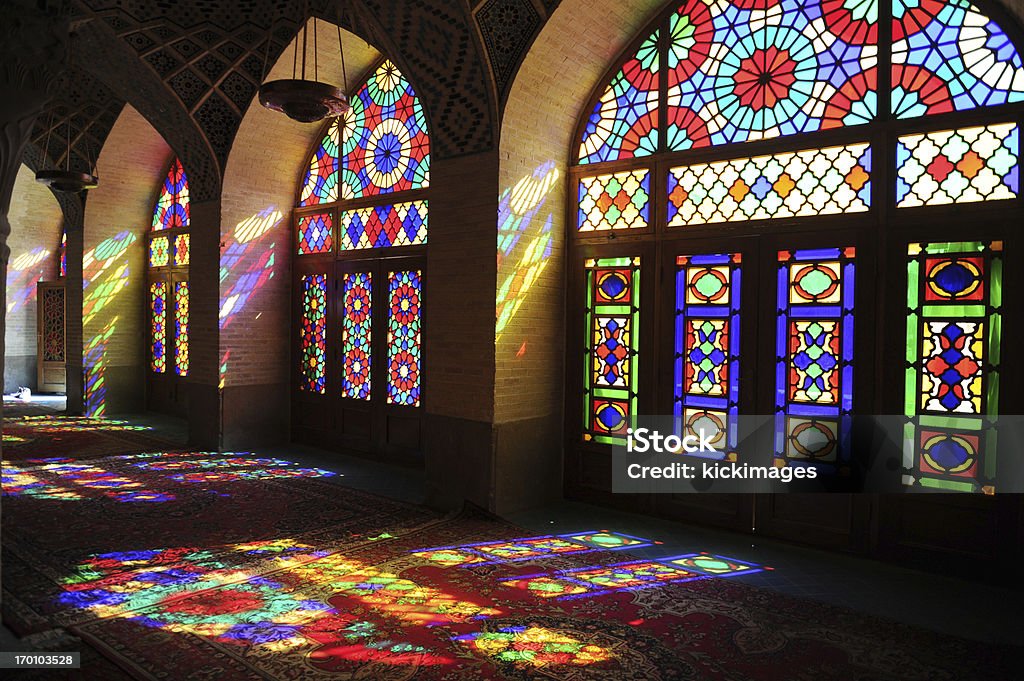 Nasir al-Mulk Mosque Interior windows of Nasir al-Mulk, a traditional mosque in Shiraz, Iran. It was built during the Qajar era (1888). Abstract Stock Photo