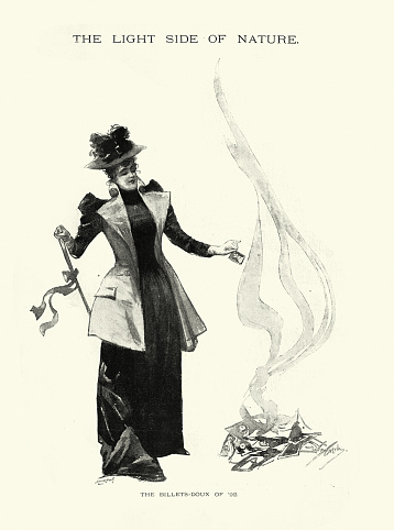 Vintage illustration Woman burning photographs of her ex boyfriends, billet-doux of 92, Victorian cartoon 19th Century