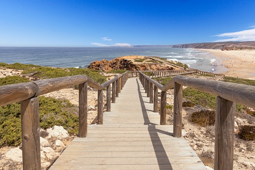 Panoramic image over Bordeiras Beach surf spot on the Atlantic coast of Portugal during the day in summer time