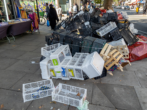 London. UK- 09.23.2023. Large piles of garbage left uncollected on the street due to industrial strike action by refuse workers.