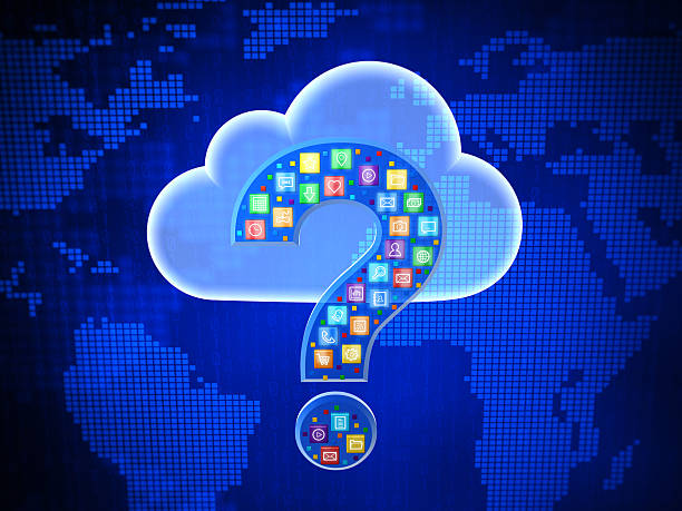 Concept of choosing cloud computing application. Questing mark. stock photo