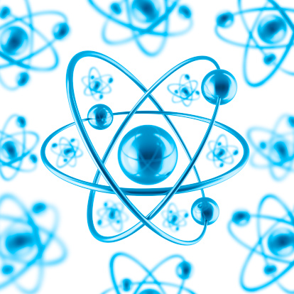 Blue model of atom symbol on white background