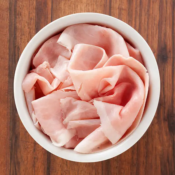 Top view of white bowl full of sliced ham