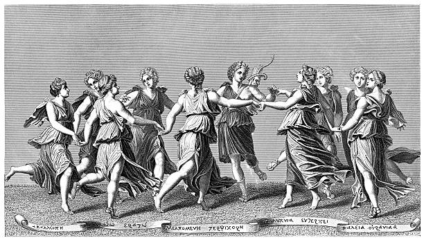 Apollo And The Muses Engraving Of Apollo And The Muses From Ancient Greek Mythology Made In 1882. classical greek illustrations stock illustrations