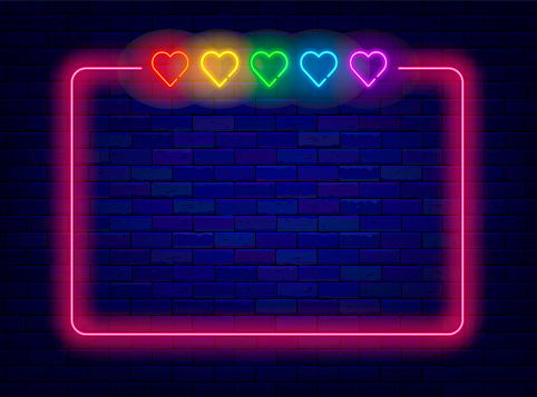 Romantic holiday night neon flyer. Five hearts rainbow lgbt colors. Minimal frame. Happy valentines day. Night club shiny advertising. Glowing flyer. Editing text. Copy space. Vector illustration
