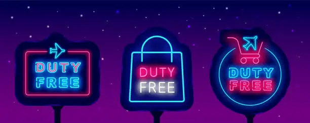 Vector illustration of Duty free neon street billboards collection. Glowing outdoor advertising. Circle frame with plane. Vector illustration