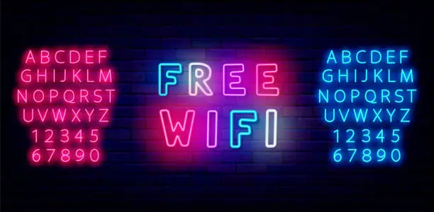 Vector illustration of Free Wifi neon label. Glowing internet label for cafe and bar. Shiny blue and pink alphabet. Vector stock illustration