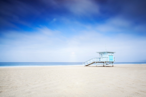 A lifeguard tower on Zuma Beach, Malibu.