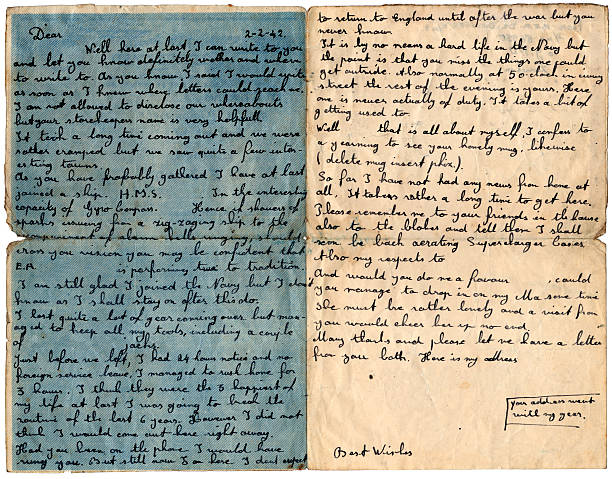 Royal Navy letter 1942 A letter written by a member of the Royal Navy, overseas in 1942. All names removed. The writer was not allowed to mention his whereabouts but found ways to convey them nonetheless! world war ii photos stock pictures, royalty-free photos & images
