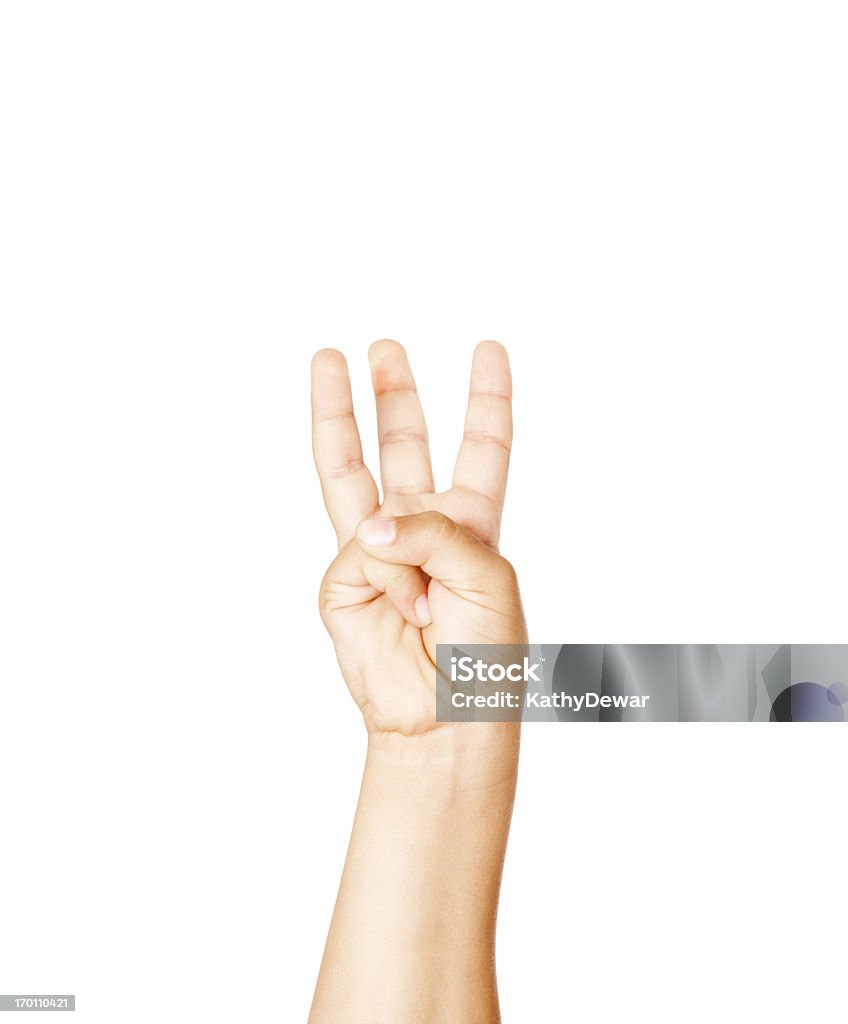 Child Using American Sign Language Letter W Hispanic child making the letter W in American Sign Language.  OR 3 Three Objects Stock Photo
