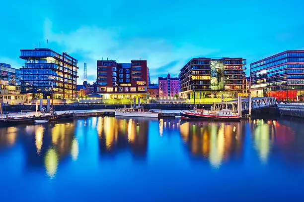 Part of the famous Hafencity in Hamburg, Germany. This part is called "Traditionsschiffhafen". Tons of detail. Image taken with Eos 1Ds Mark II and Canon Tilt/ Shift E 17mm f 4.0. XXL size image.