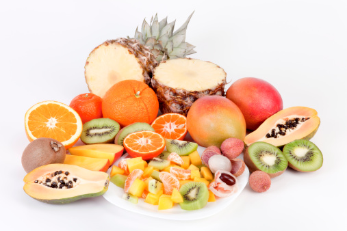 Fresh fruits, assorted fruits on a white background. Vitamins natural nutrition concept.