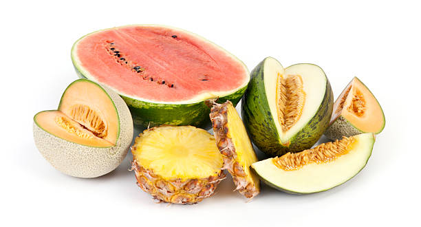 soczysty owoce - melon watermelon cantaloupe portion zdjęcia i obrazy z banku zdjęć