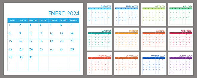 Spanish vector calendar planner 2024, schedule month calender, organizer template. Week starts on Monday. Business personal page. Modern simple illustration