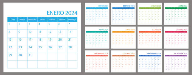 Spanish vector calendar planner 2024, schedule month calender, organizer template. Week starts on Monday. Business personal page. Modern illustration Spanish vector calendar planner 2024, schedule month calender, organizer template. Week starts on Monday. Business personal page. Modern simple illustration january in spanish stock illustrations