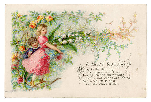Victorian birthday card 1879 A sweet romantic British birthday card from 1879.  over the hill birthday stock illustrations