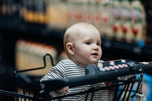 Grocery shopping is a family affair with the little one comfortably seated in the shopping cart.