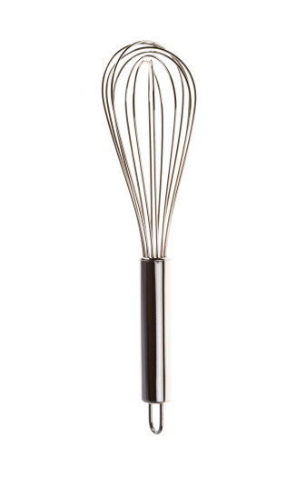 stainless steel wire whisk on white background